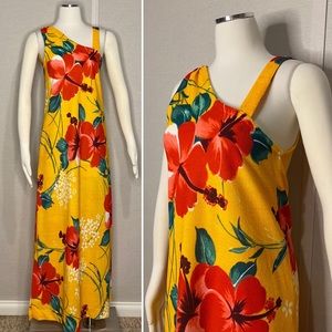 Vintage 70s terry cloth hibiscus print maxi dress